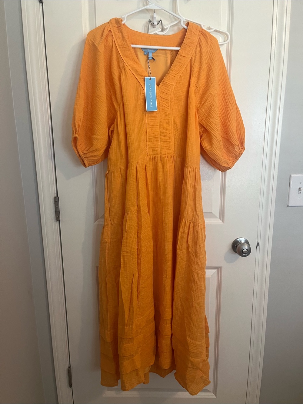 Draper James Textured V-Neck Crinkle Cotton Dress in Vibrant Orange
